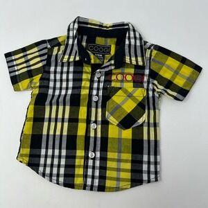COOGI Baby Yellow‎ Plaid Button Up Short Sleeve Shirt Size 3-6 Months Logo Y2K